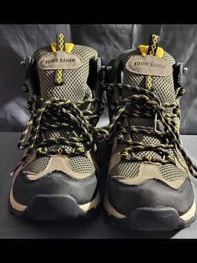 Eddie Bauer Olive Green and Black Hiking Boots with Yellow Highlights